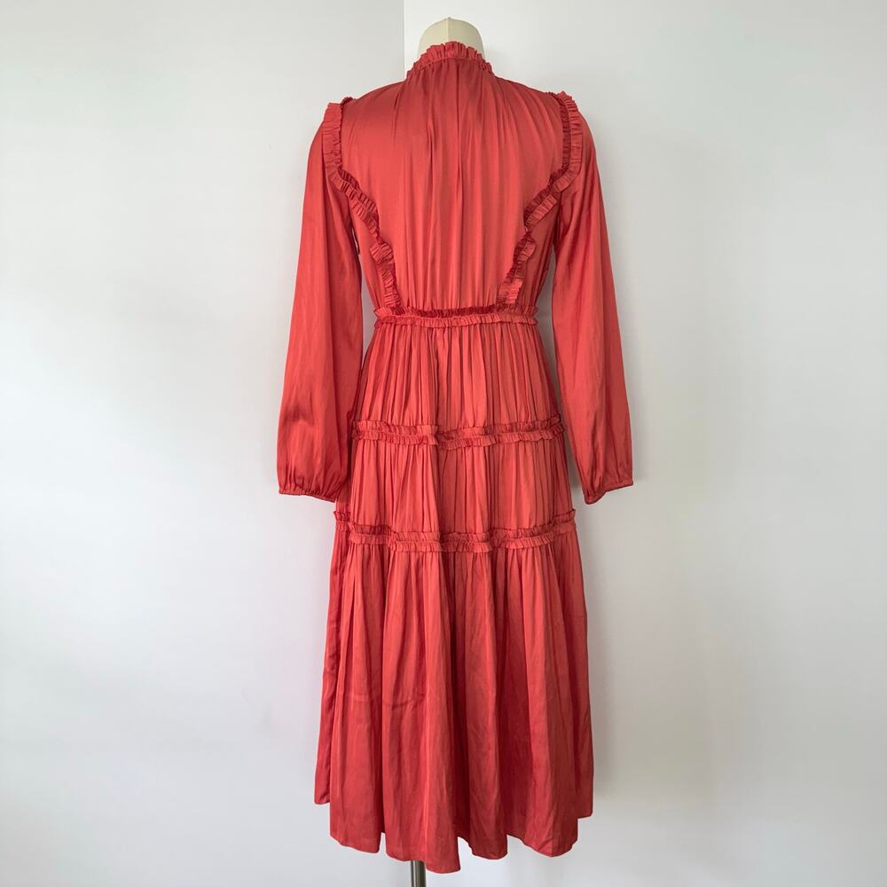 Elie Tahari Satin Ruffle Midi Dress Tiered Long Sleeves in Wild Flower 2 NWT - Picture 7 of 12